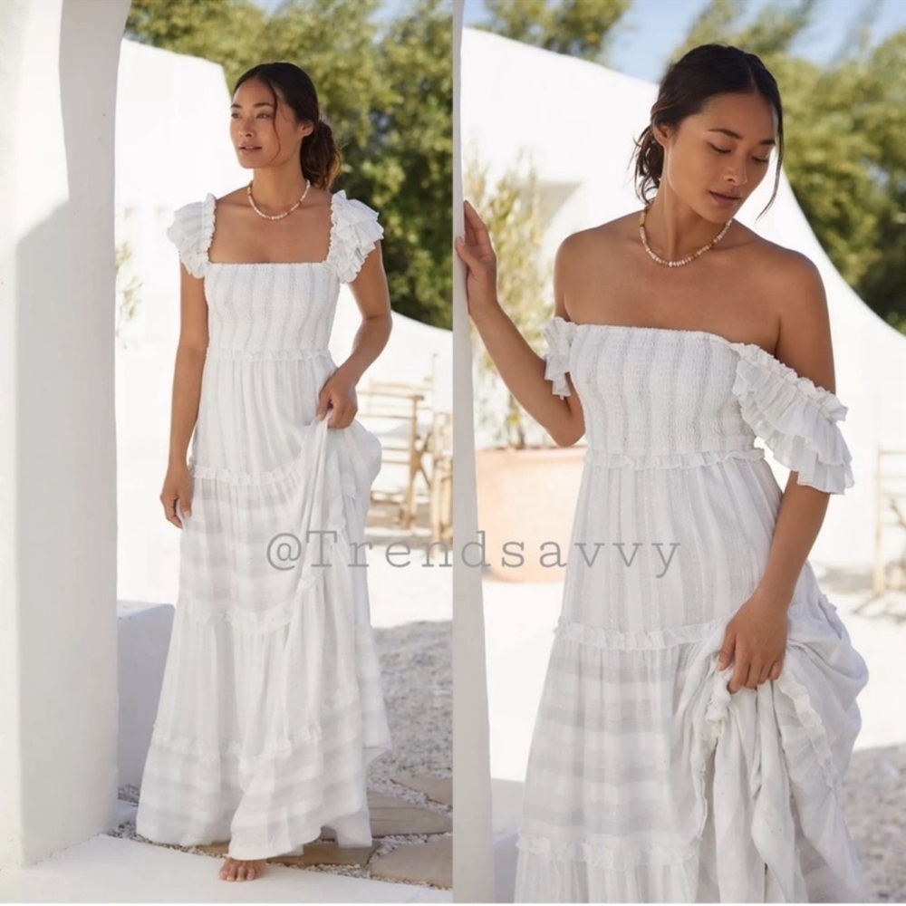 Anthropologie PQ Victoria White Smocked Boho Bridal Resort Maxi Dress M/L NWT